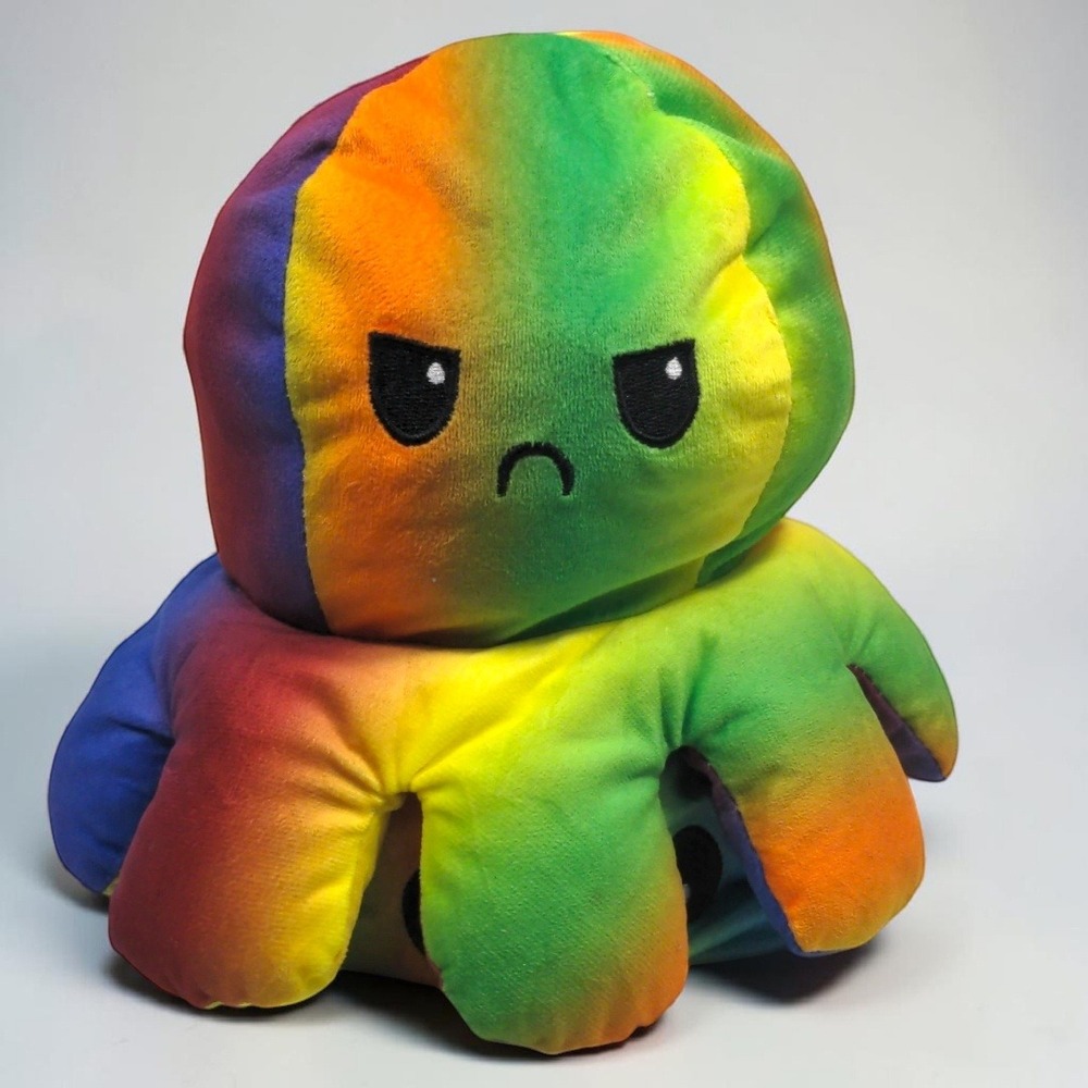 TeeTurtle Reversible Octopus Plush Rainbow Tie Dye Happy Angry Mood Toy 2021 8"